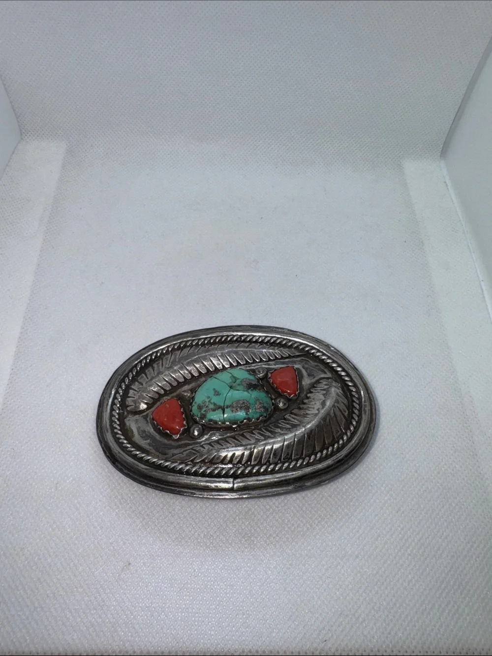Turquoise and Coral Silver Western Belt Buckle Vintage